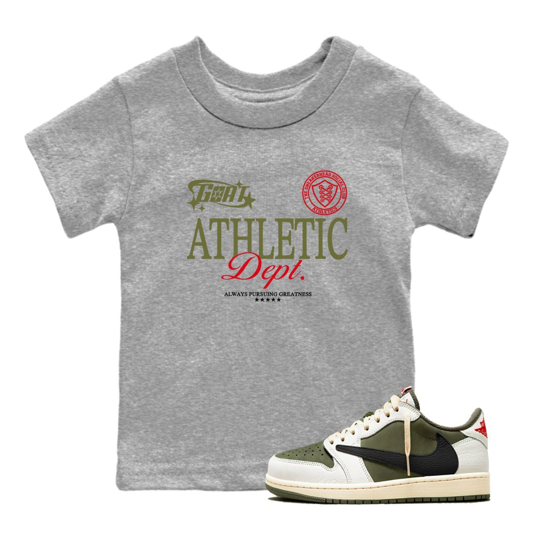 1s Travis Scott Medium Olive shirts to match jordans Goat Athletic Dept sneaker match tees Air Jordan 1 Travis Scott Medium Olive SNRT Sneaker Release Tees Youth Baby Heather Grey 1 crew neck shirts