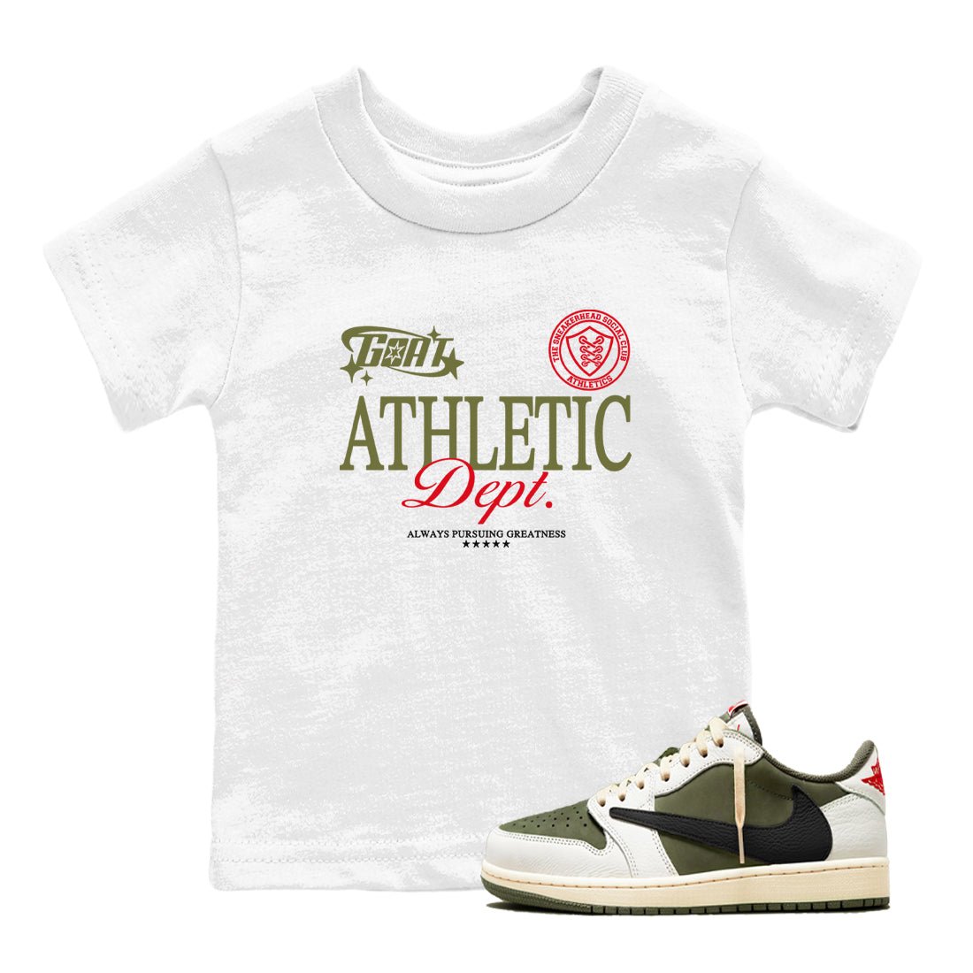 1s Travis Scott Medium Olive shirts to match jordans Goat Athletic Dept sneaker match tees Air Jordan 1 Travis Scott Medium Olive SNRT Sneaker Release Tees Youth Baby White 1 crew neck shirts