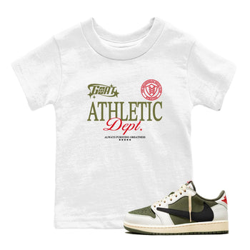 1s Travis Scott Medium Olive shirts to match jordans Goat Athletic Dept sneaker match tees Air Jordan 1 Travis Scott Medium Olive SNRT Sneaker Release Tees Youth Baby White 1 crew neck shirts