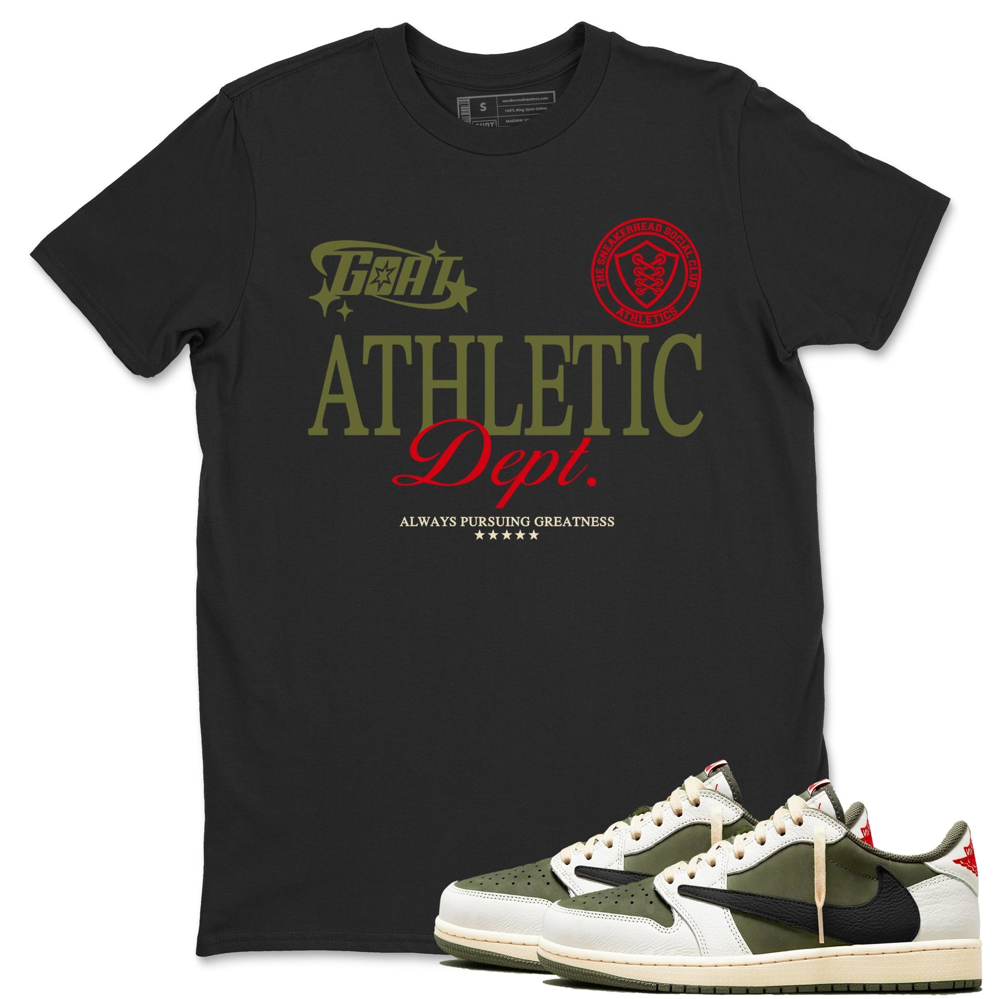 1s Travis Scott Medium Olive shirts to match jordans Goat Athletic Dept sneaker match tees Air Jordan 1 Travis Scott Medium Olive SNRT Sneaker Release Tees unisex cotton Black 1 crew neck shirts