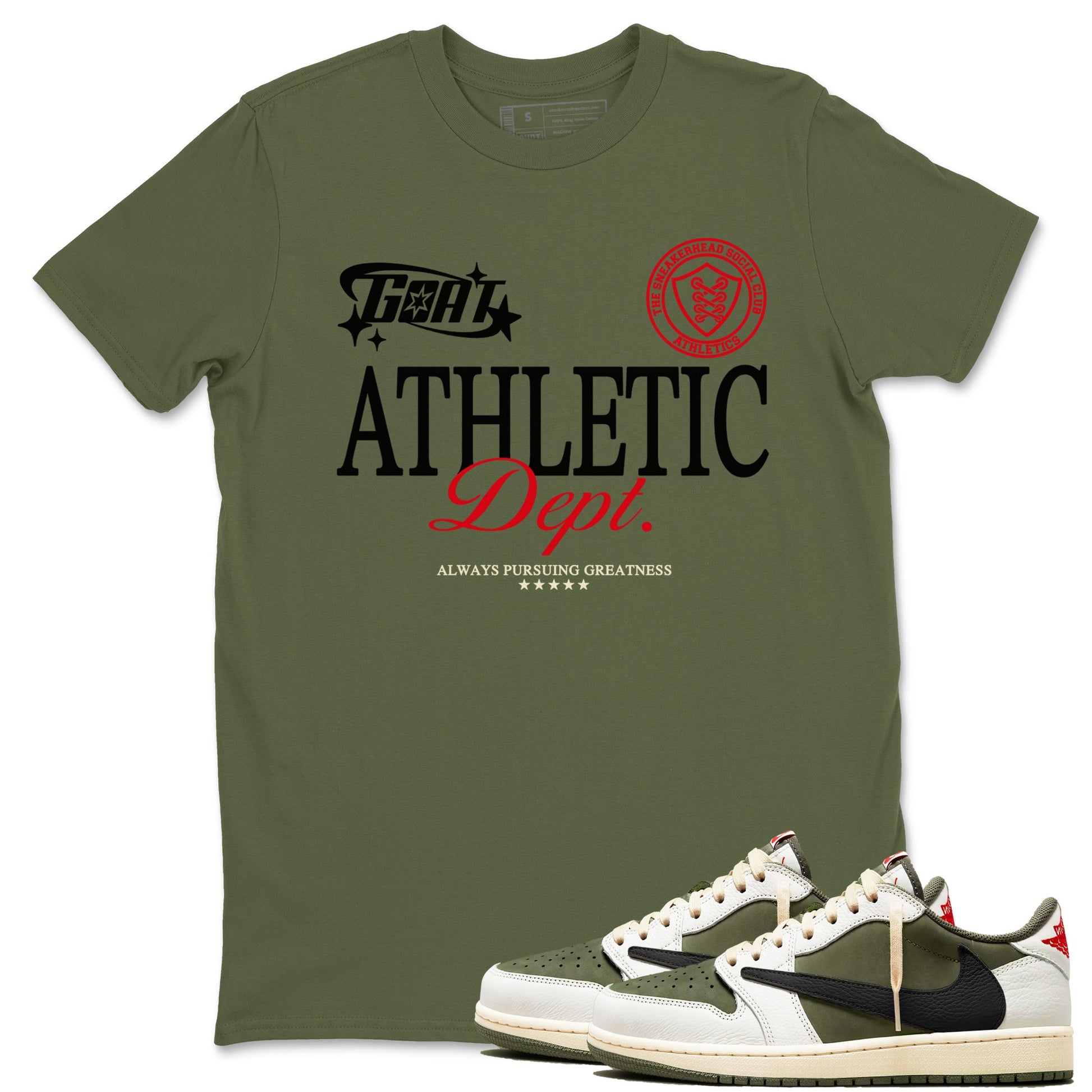 1s Travis Scott Medium Olive shirts to match jordans Goat Athletic Dept sneaker match tees Air Jordan 1 Travis Scott Medium Olive SNRT Sneaker Release Tees unisex cotton Military Green 1 crew neck shirts