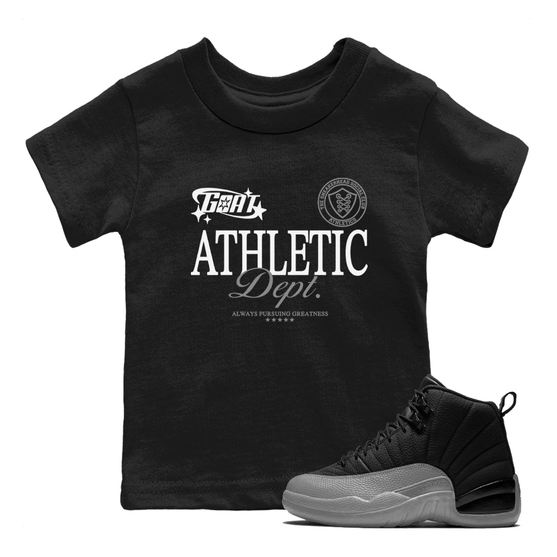 12s Black Wolf Grey shirts to match jordans Goat Athletic Dept sneaker match tees 12s Baron SNRT Sneaker Release Tees Youth Baby Black 1 crew neck shirts