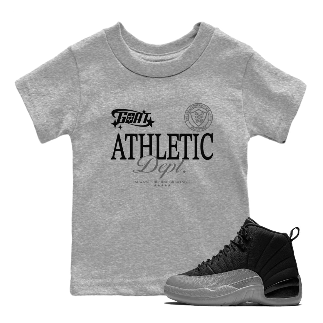 12s Black Wolf Grey shirts to match jordans Goat Athletic Dept sneaker match tees 12s Baron SNRT Sneaker Release Tees Youth Baby Heather Grey 1 crew neck shirts