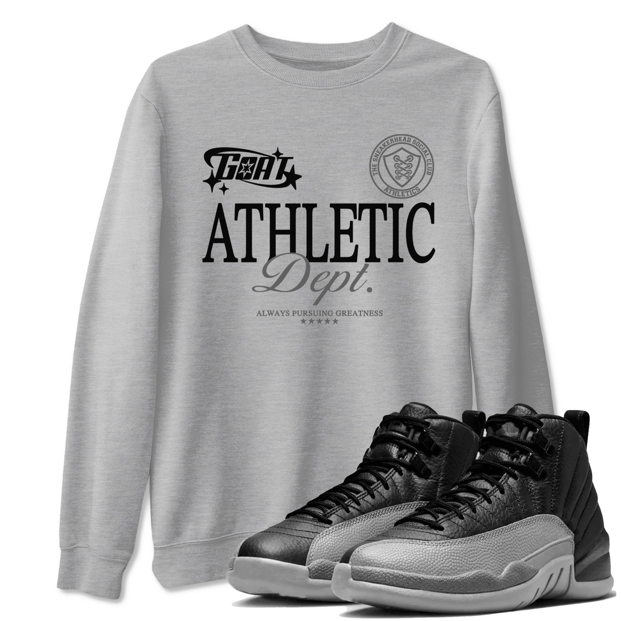 12s Black Wolf Grey shirts to match jordans Goat Athletic Dept sneaker match tees 12s Baron SNRT Sneaker Release Tees unisex cotton Heather Grey 1 crew neck shirts