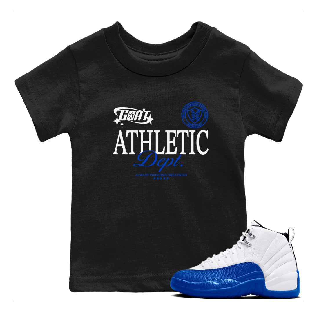 12s Blueberry shirts to match jordans Goat Athletic Dept sneaker match tees Air Jordan 12 Blueberry SNRT Sneaker Release Tees Youth Baby Black 1 crew neck shirts
