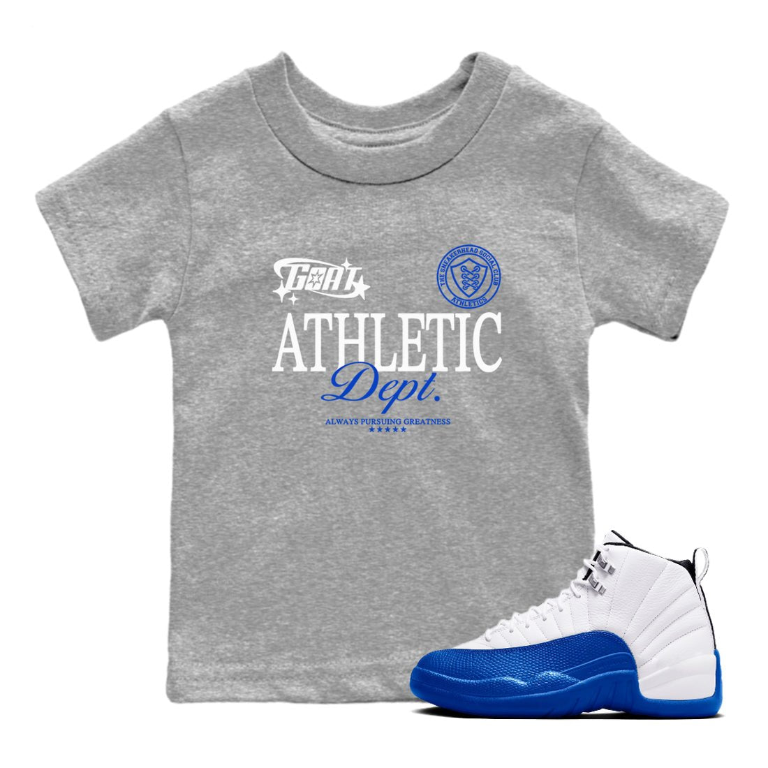 12s Blueberry shirts to match jordans Goat Athletic Dept sneaker match tees Air Jordan 12 Blueberry SNRT Sneaker Release Tees Youth Baby Heather Grey 1 crew neck shirts