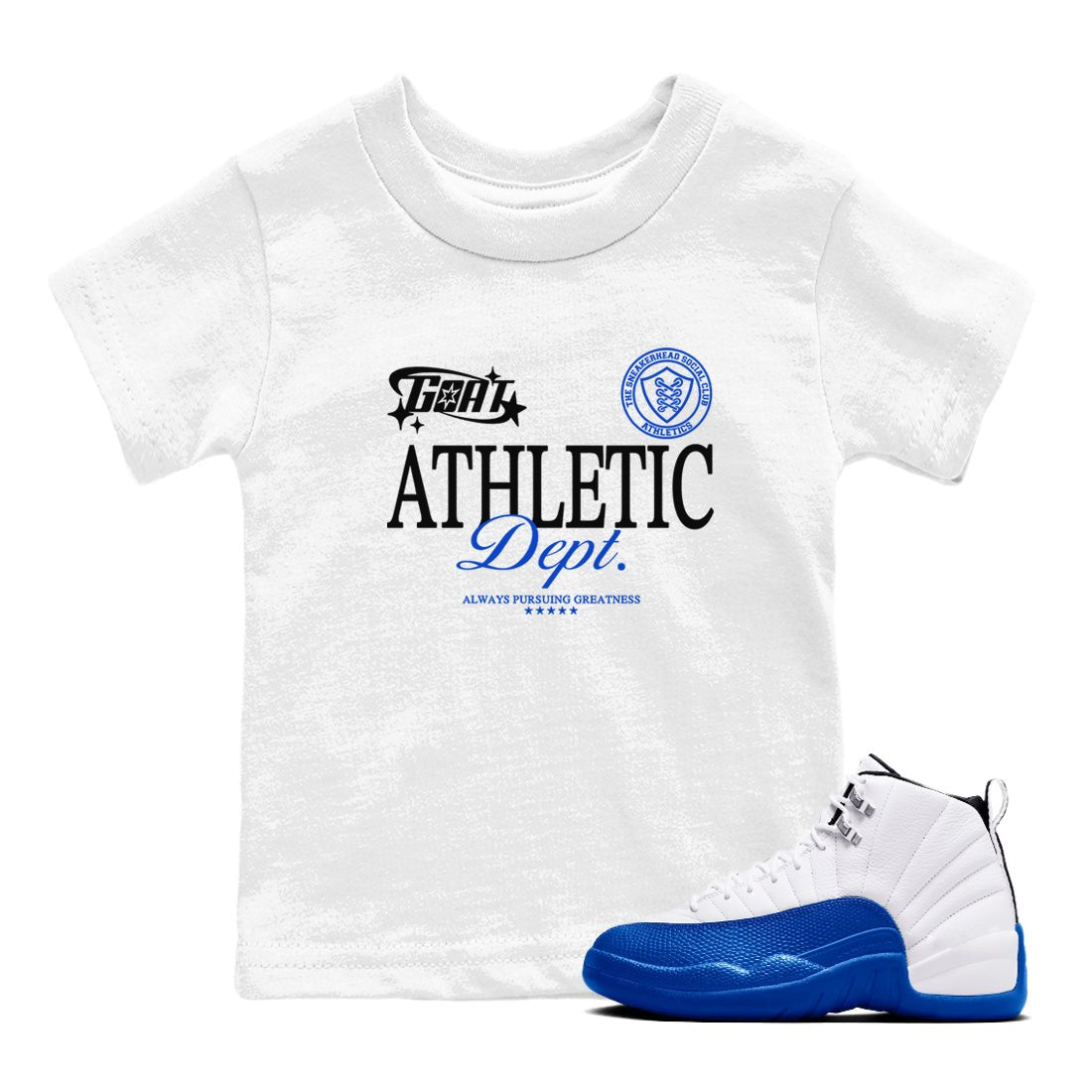 12s Blueberry shirts to match jordans Goat Athletic Dept sneaker match tees Air Jordan 12 Blueberry SNRT Sneaker Release Tees Youth Baby White 1 crew neck shirts