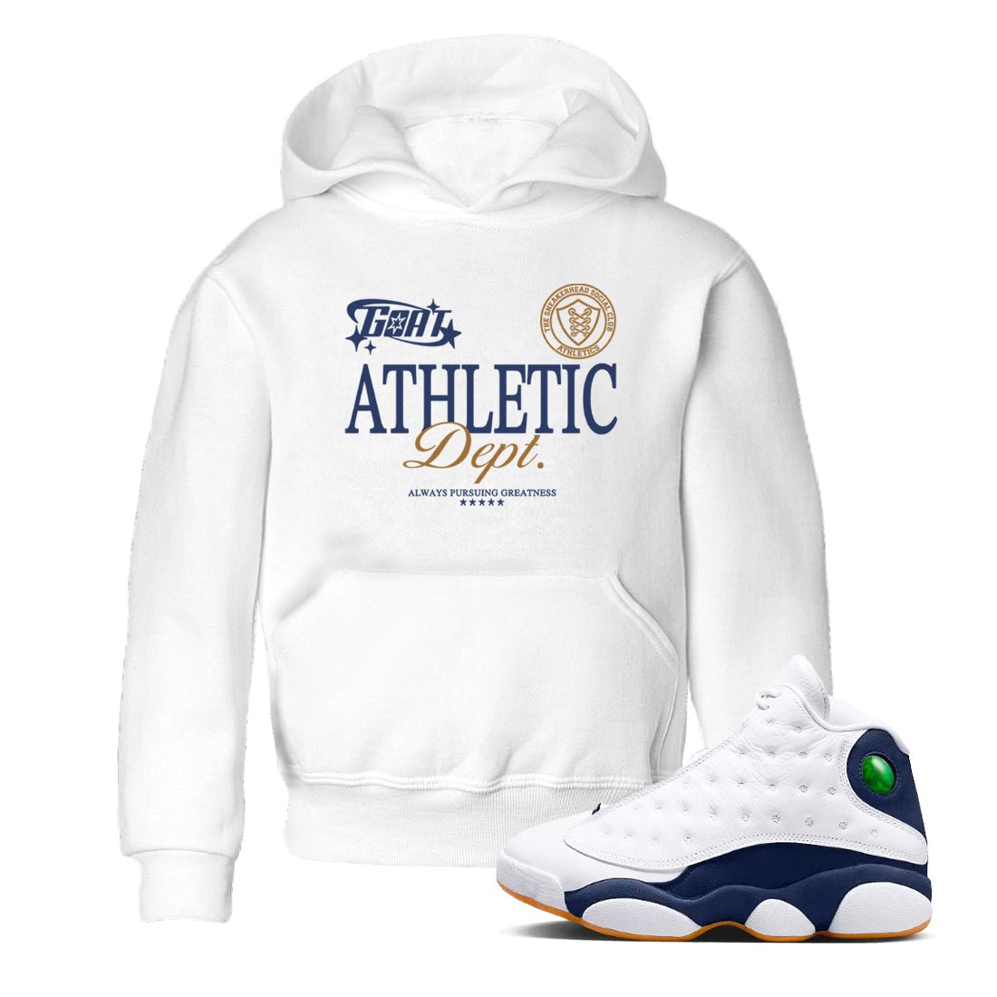 13s Midnight Navy shirts to match jordans Goat Athletic Dept sneaker match tees Air Jordan 13 Midnight Navy SNRT Sneaker Release Tees Youth Baby White 1 crew neck shirts