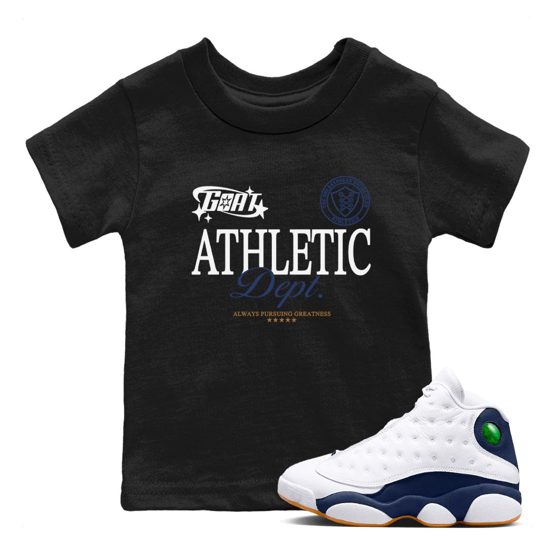 13s Midnight Navy shirts to match jordans Goat Athletic Dept sneaker match tees Air Jordan 13 Midnight Navy SNRT Sneaker Release Tees Youth Baby Black 1 crew neck shirts