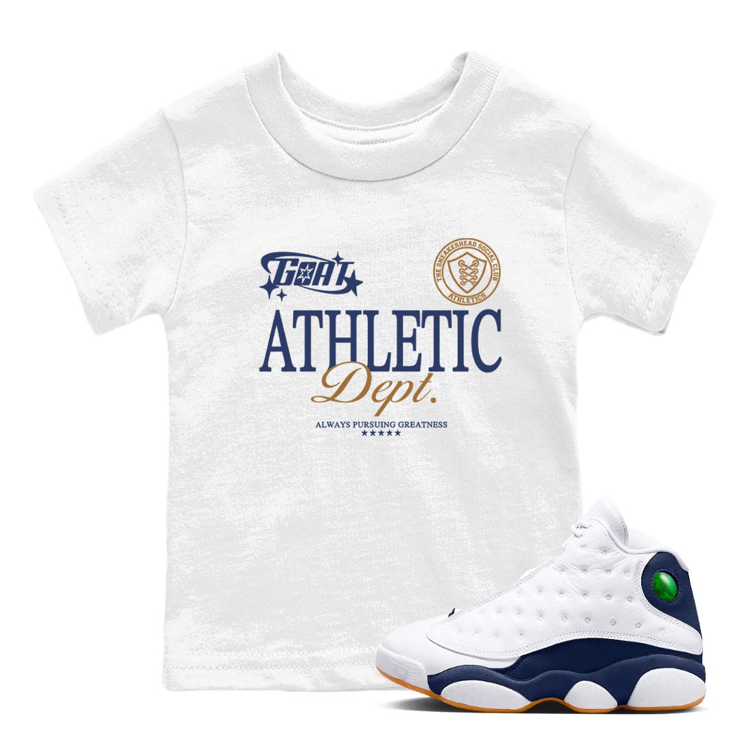 13s Midnight Navy shirts to match jordans Goat Athletic Dept sneaker match tees Air Jordan 13 Midnight Navy SNRT Sneaker Release Tees Youth Baby White 1 crew neck shirts