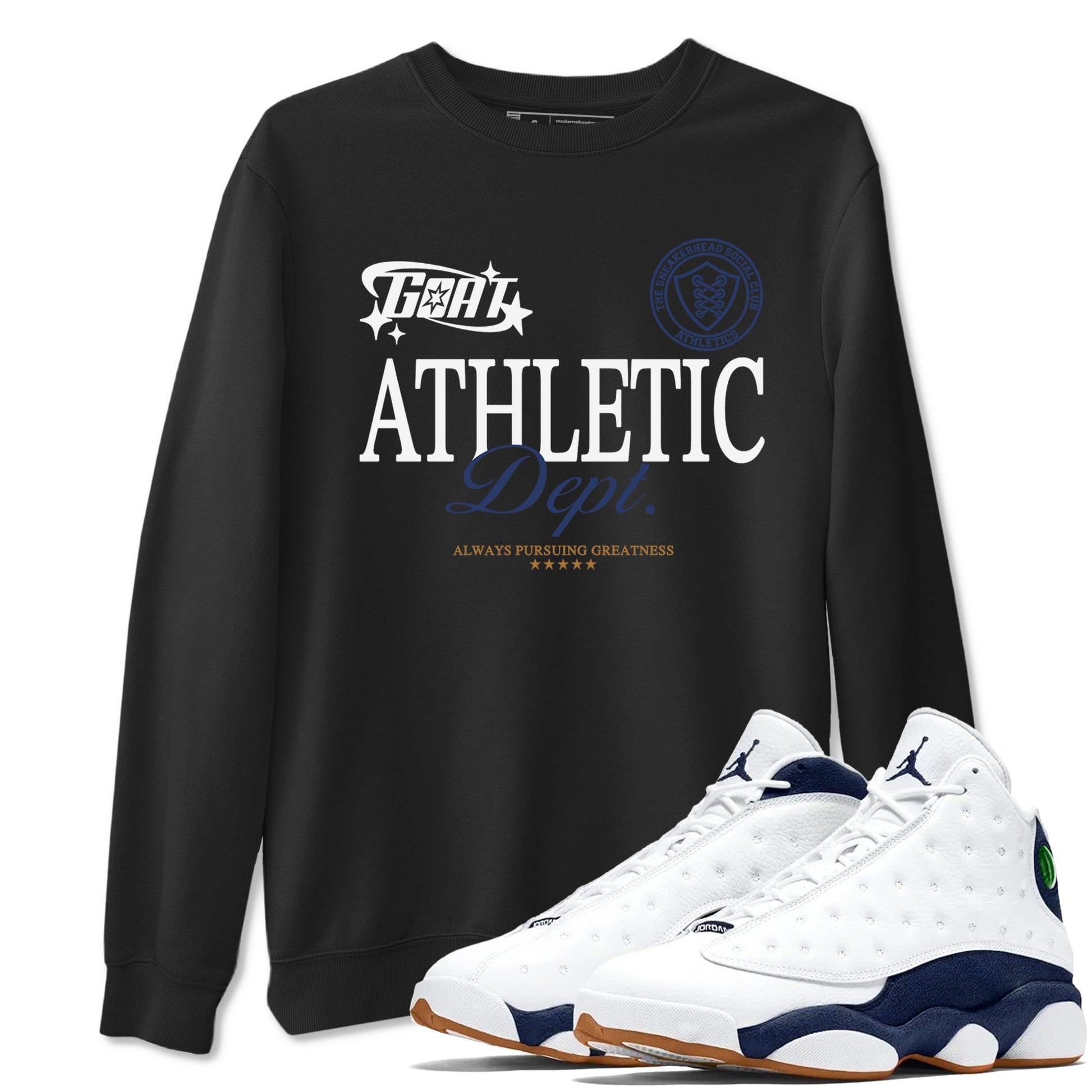 13s Midnight Navy shirts to match jordans Goat Athletic Dept sneaker match tees Air Jordan 13 Midnight Navy SNRT Sneaker Release Tees unisex cotton Black 1 crew neck shirts