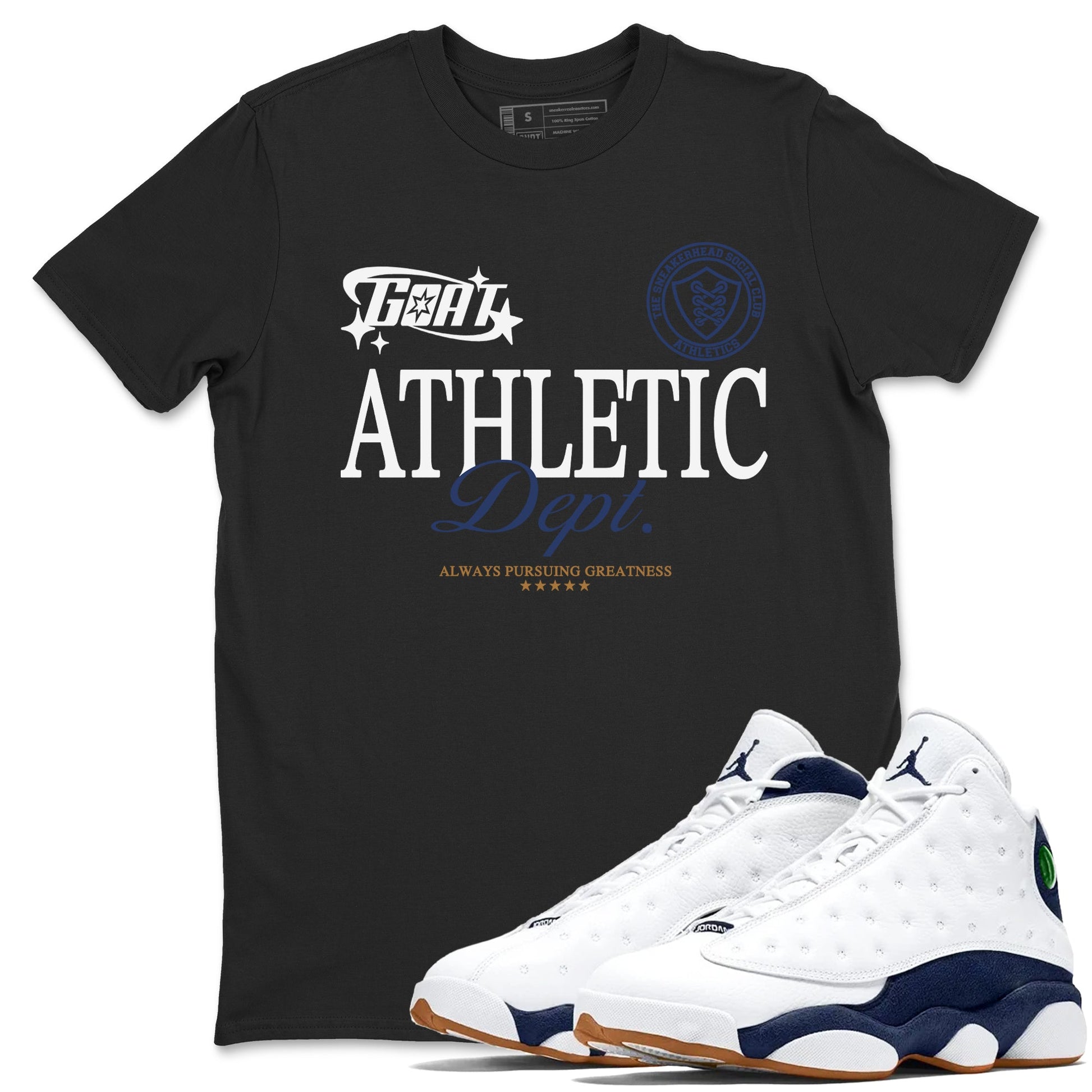 13s Midnight Navy shirts to match jordans Goat Athletic Dept sneaker match tees Air Jordan 13 Midnight Navy SNRT Sneaker Release Tees unisex cotton Black 1 crew neck shirts