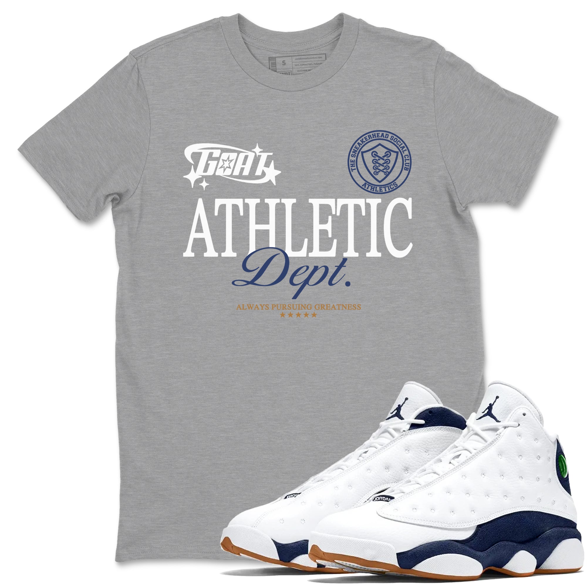 13s Midnight Navy shirts to match jordans Goat Athletic Dept sneaker match tees Air Jordan 13 Midnight Navy SNRT Sneaker Release Tees unisex cotton Heather Grey 1 crew neck shirts