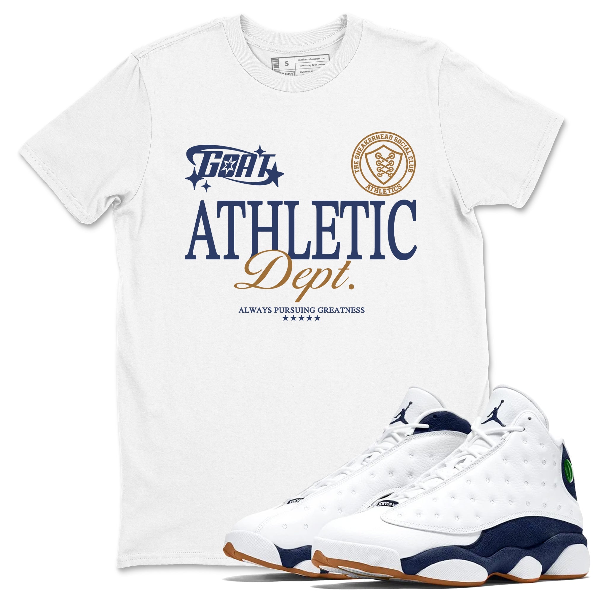 13s Midnight Navy shirts to match jordans Goat Athletic Dept sneaker match tees Air Jordan 13 Midnight Navy SNRT Sneaker Release Tees unisex cotton White 1 crew neck shirts