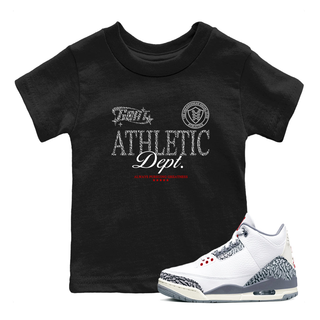3s Cement Grey shirts to match jordans Goat Athletic Dept sneaker match tees Air Jordan 3 Cement Grey SNRT Sneaker Release Tees Youth Baby Black 1 crew neck shirts