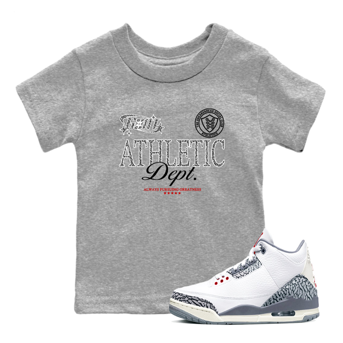 3s Cement Grey shirts to match jordans Goat Athletic Dept sneaker match tees Air Jordan 3 Cement Grey SNRT Sneaker Release Tees Youth Baby Heather Grey 1 crew neck shirts