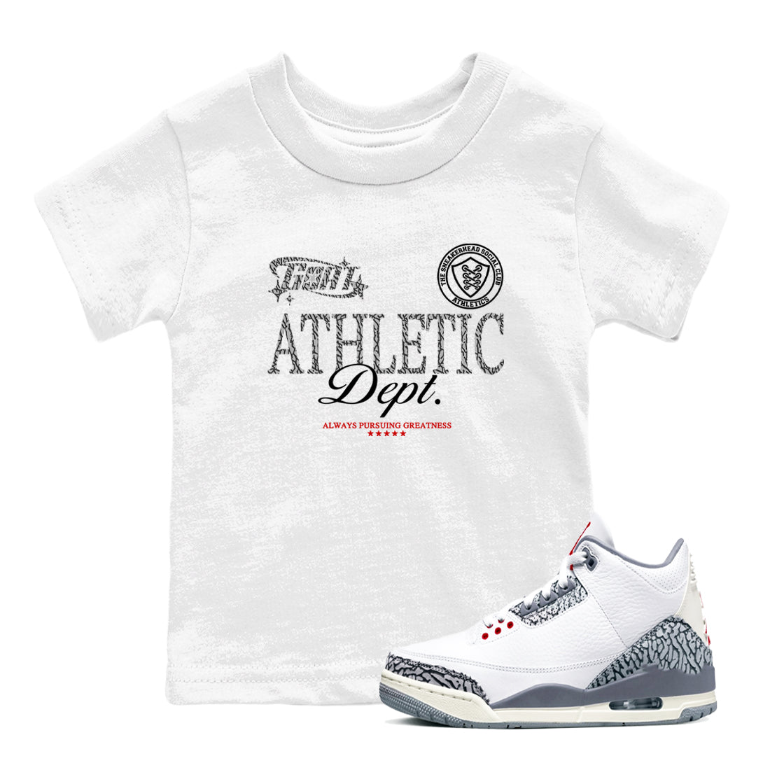 3s Cement Grey shirts to match jordans Goat Athletic Dept sneaker match tees Air Jordan 3 Cement Grey SNRT Sneaker Release Tees Youth Baby White 1 crew neck shirts