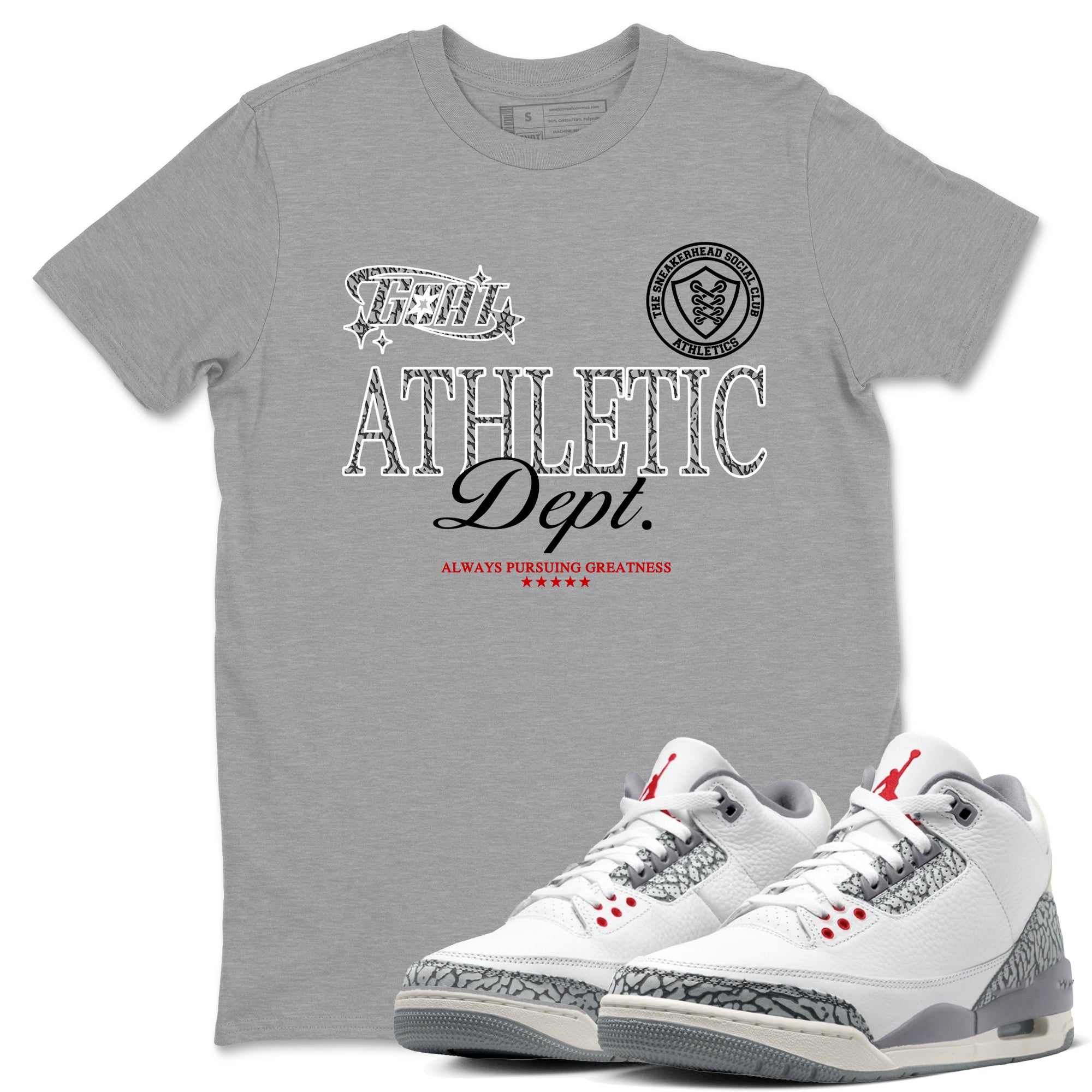 3s Cement Grey shirts to match jordans Goat Athletic Dept sneaker match tees Air Jordan 3 Cement Grey SNRT Sneaker Release Tees unisex cotton Heather Grey 1 crew neck shirts