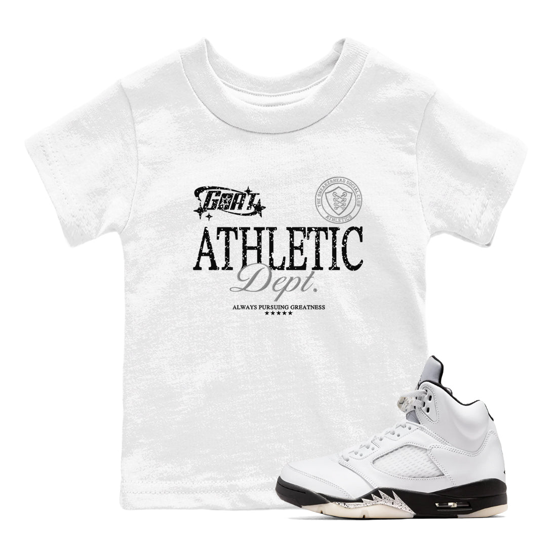 5s White Black shirts to match jordans Goat Athletic Dept sneaker match tees Air Jordan 5 White Black SNRT Sneaker Release Tees Youth Baby White 1 crew neck shirts