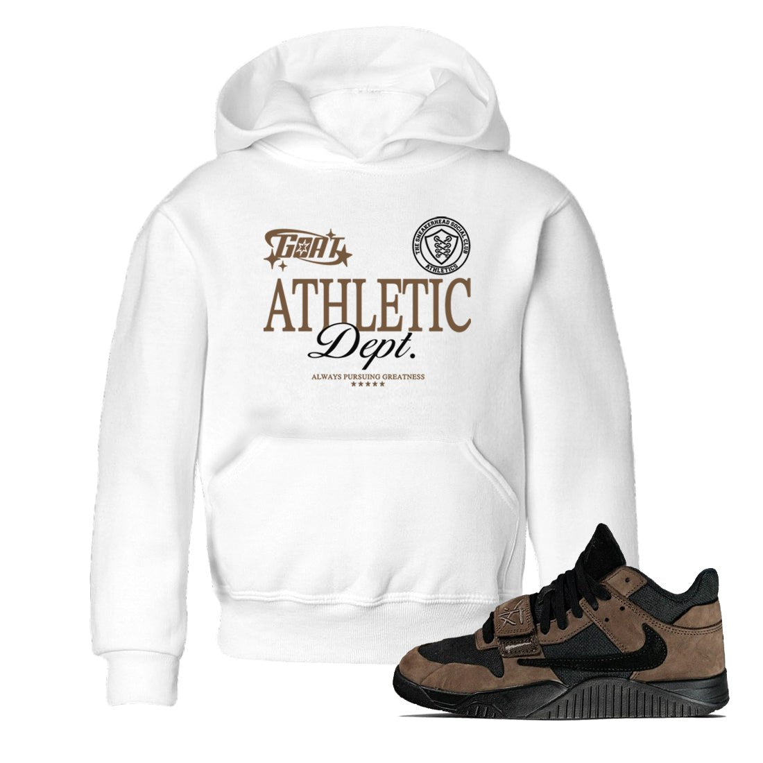 Jordan Jumpman Jack Travis Scott Dark Mocha shirts to match jordans Goat Athletic Dept sneaker match tees Jordan Jumpman Jack Travis Scott Dark Mocha SNRT Sneaker Release Tees Youth Baby White 1 crew neck shirts