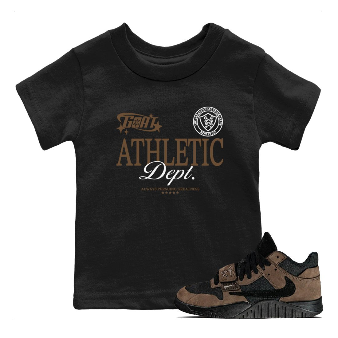 Jordan Jumpman Jack Travis Scott Dark Mocha shirts to match jordans Goat Athletic Dept sneaker match tees Jordan Jumpman Jack Travis Scott Dark Mocha SNRT Sneaker Release Tees Youth Baby Black 1 crew neck shirts