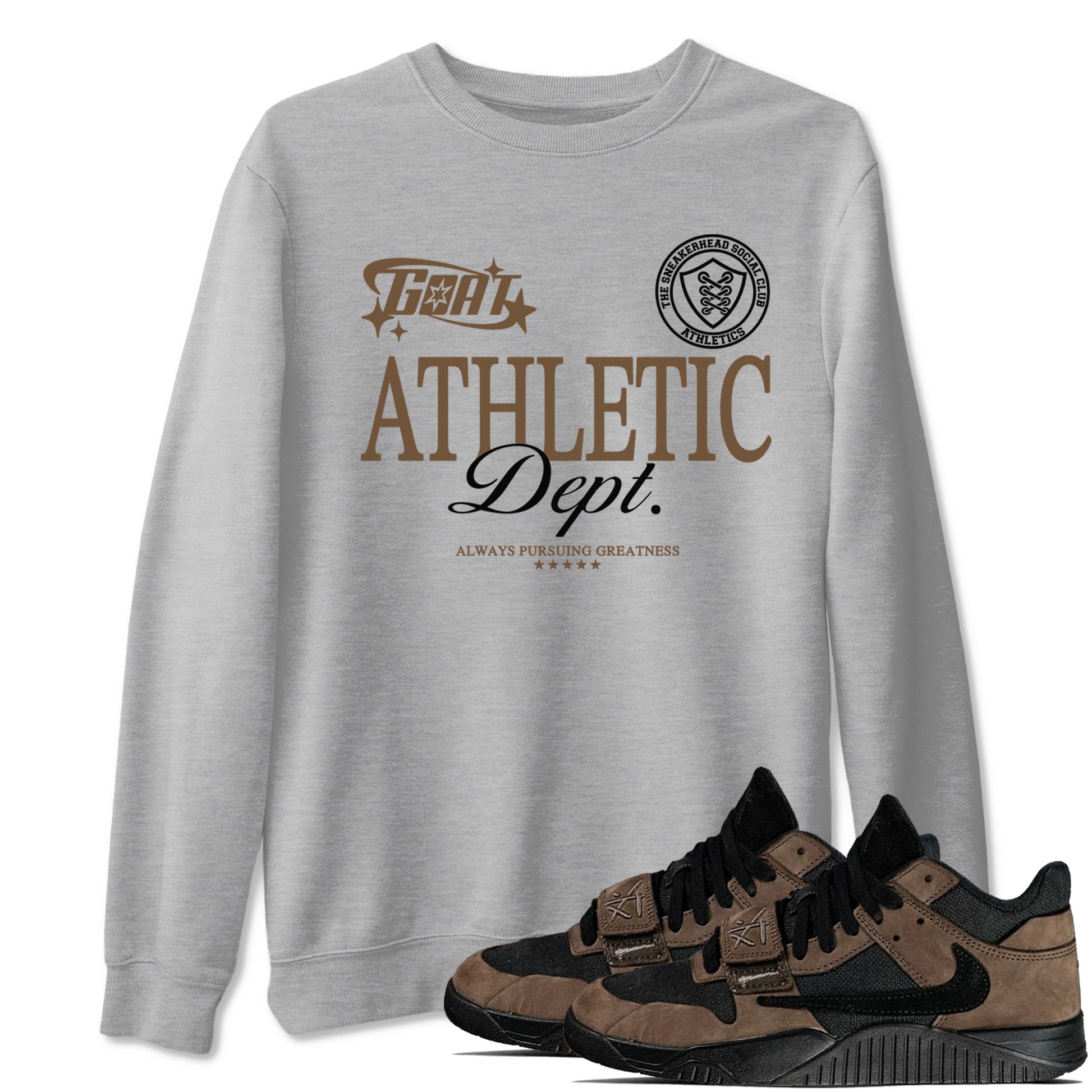 Jordan Jumpman Jack Travis Scott Dark Mocha shirts to match jordans Goat Athletic Dept sneaker match tees Jordan Jumpman Jack Travis Scott Dark Mocha SNRT Sneaker Release Tees unisex cotton Heather Grey 1 crew neck shirts