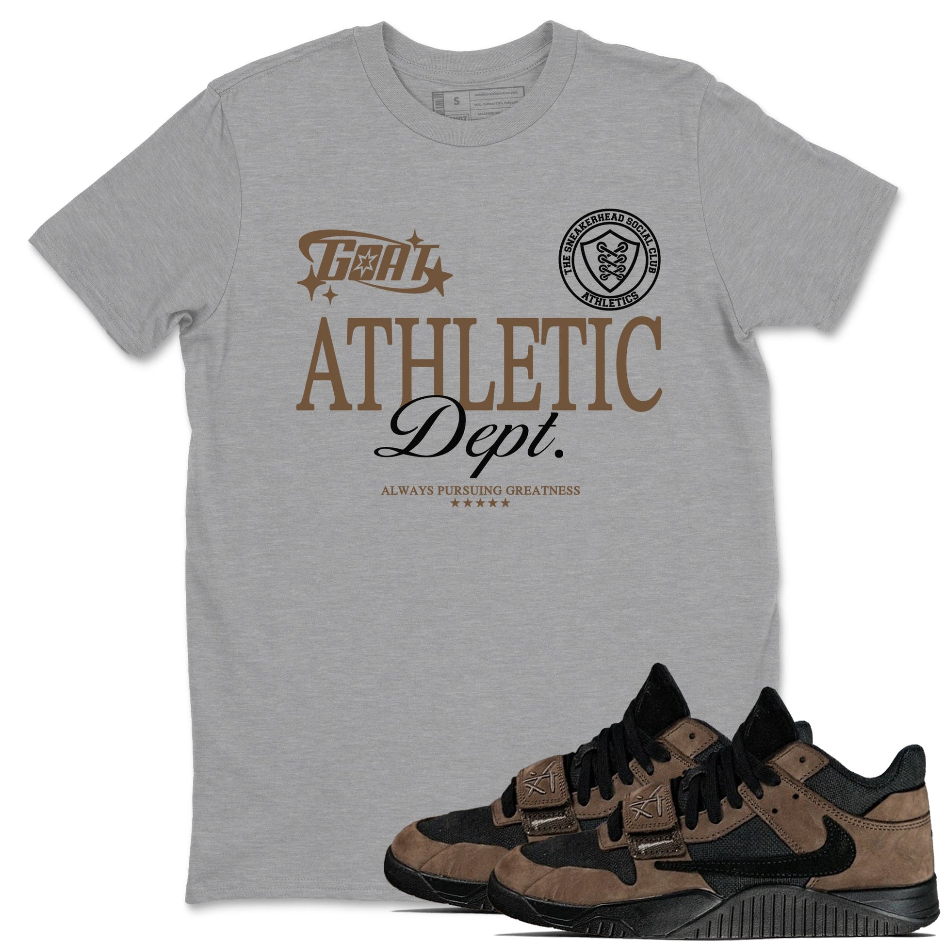 Jordan Jumpman Jack Travis Scott Dark Mocha shirts to match jordans Goat Athletic Dept sneaker match tees Jordan Jumpman Jack Travis Scott Dark Mocha SNRT Sneaker Release Tees unisex cotton Heather Grey 1 crew neck shirts