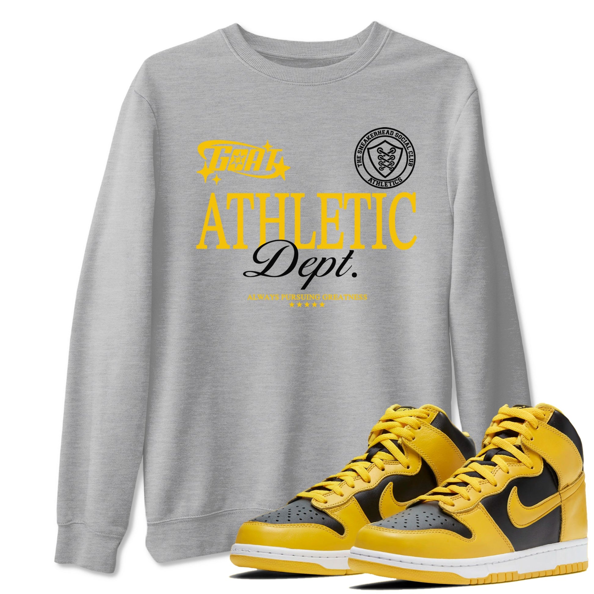 Dunk High Pollen shirts to match jordans Goat Athletic Dept sneaker match tees Dunk High Pollen SNRT Sneaker Release Tees unisex cotton Heather Grey 1 crew neck shirts