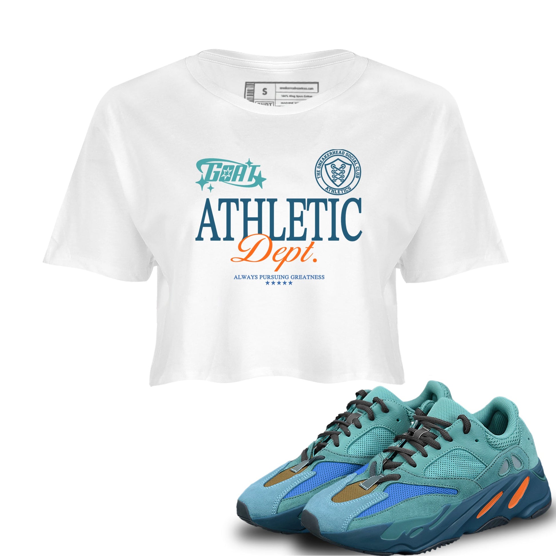 Yeezy 700 Faded Azure shirts to match jordans Goat Athletic Dept sneaker match tees Yeezy 700 Faded Azure match shoes to clothes SNRT Sneaker Tees unisex cotton White 1 crop tee