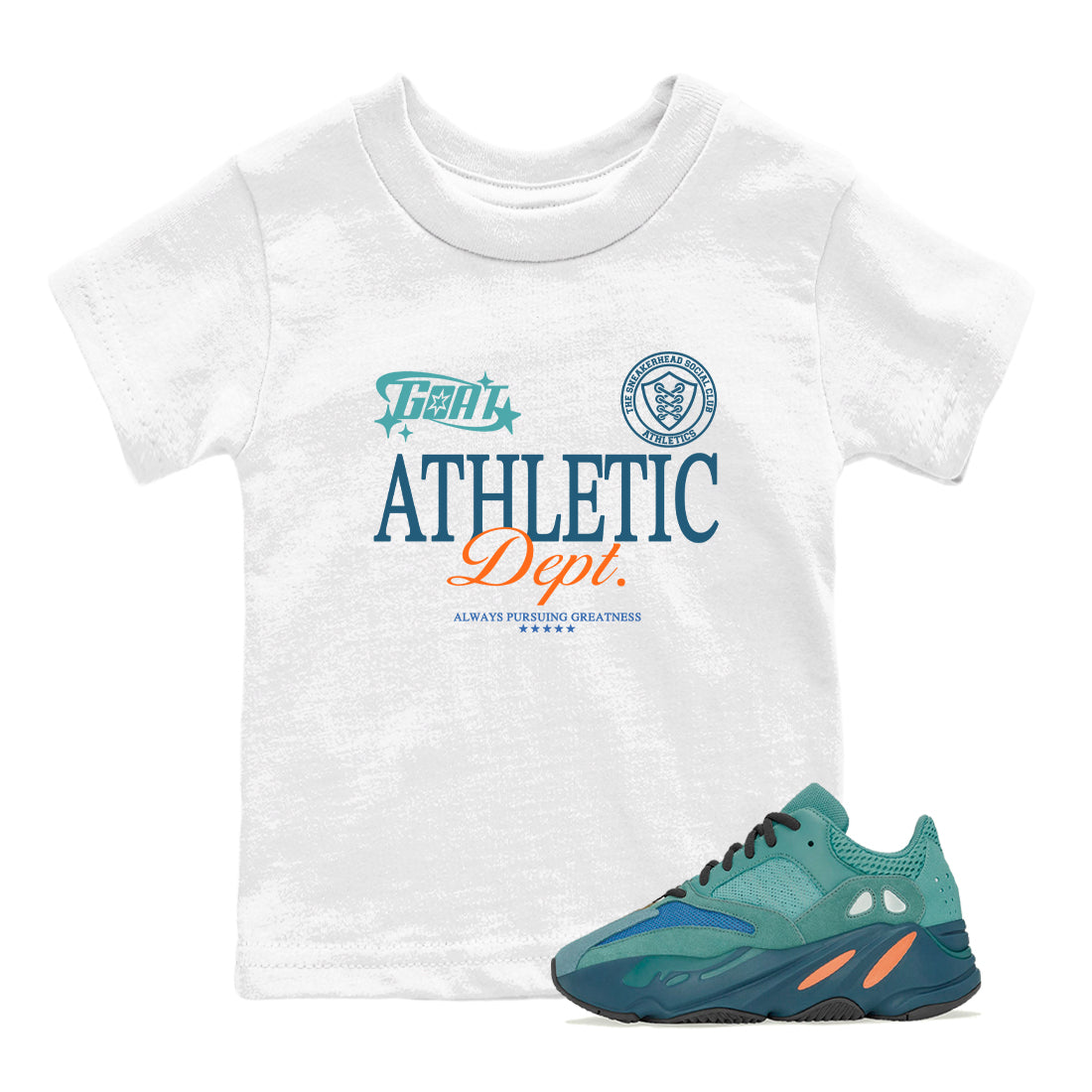 Yeezy 700 Faded Azure shirts to match jordans Goat Athletic Dept sneaker match tees Yeezy 700 Faded Azure match shoes to clothes SNRT Sneaker Tees Youth Baby White 1 tee