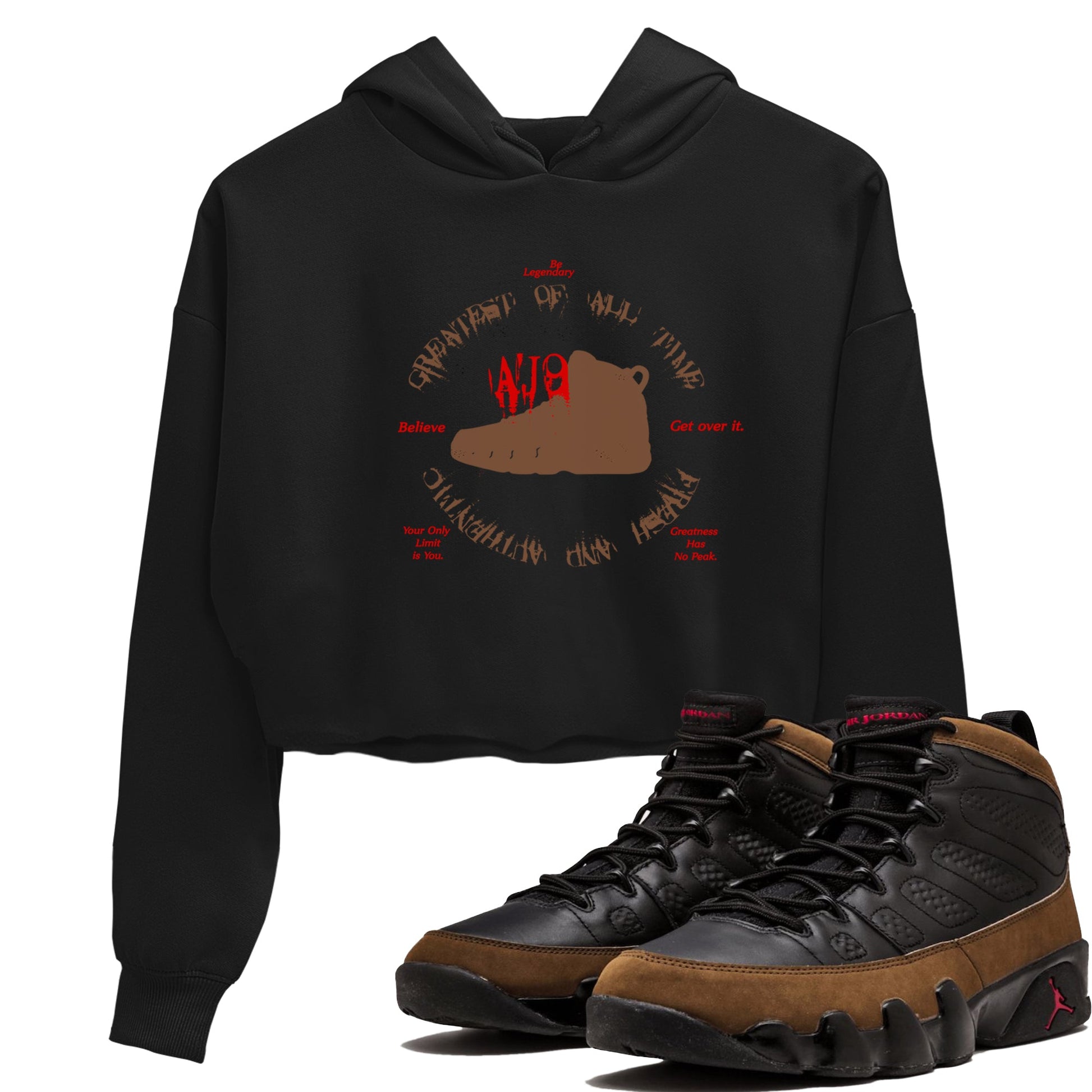 9s Olive shirts to match jordans Goat Kick sneaker match tees Air Jordan 9 Olive match shoes to clothes SNRT Sneaker Tees unisex cotton Black 1 crop tee