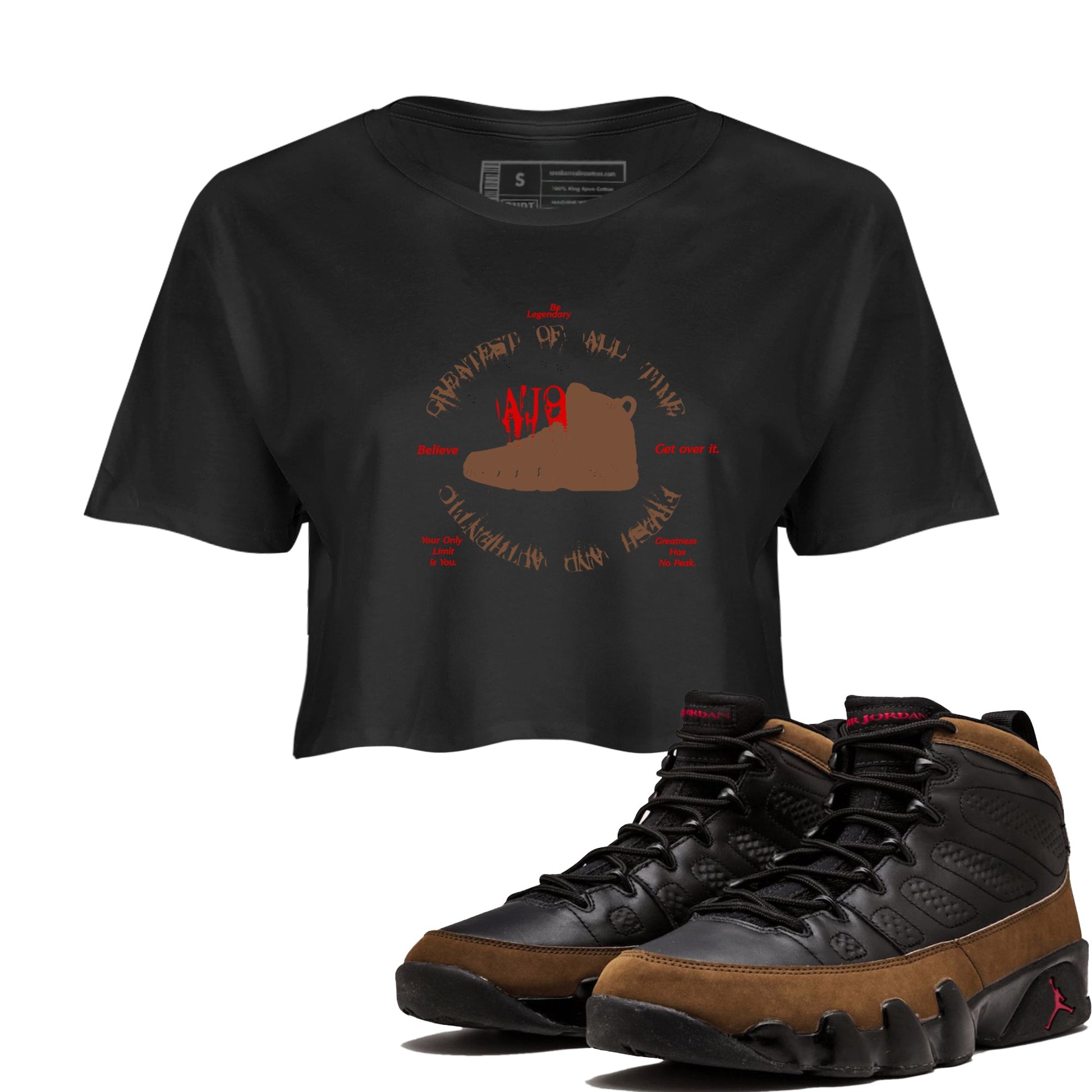 9s Olive shirts to match jordans Goat Kick sneaker match tees Air Jordan 9 Olive match shoes to clothes SNRT Sneaker Tees unisex cotton Black 1 crop tee