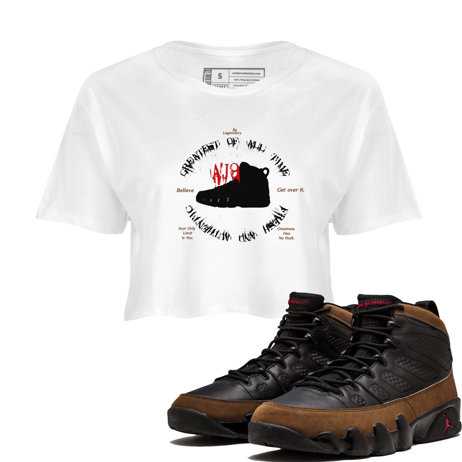 9s Olive shirts to match jordans Goat Kick sneaker match tees Air Jordan 9 Olive match shoes to clothes SNRT Sneaker Tees unisex cotton White 1 crop tee