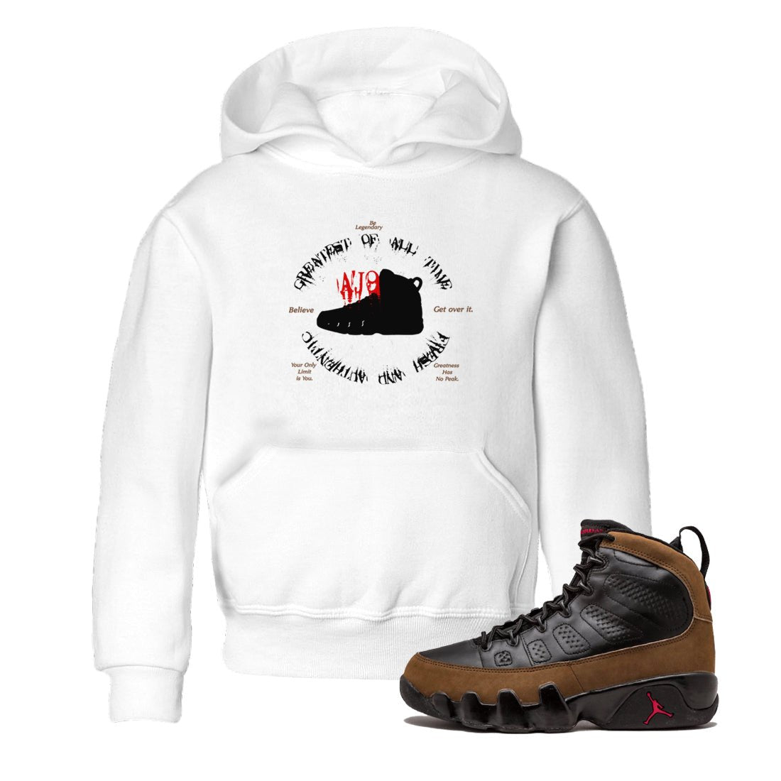 9s Olive shirts to match jordans Goat Kick sneaker match tees Air Jordan 9 Olive match shoes to clothes SNRT Sneaker Tees Youth Baby White 1 tee