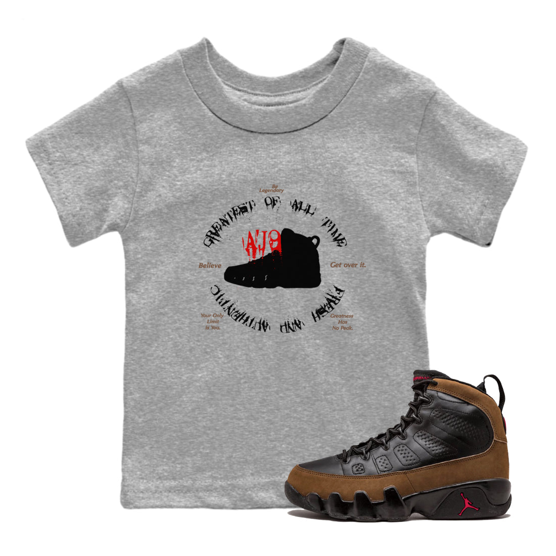 9s Olive shirts to match jordans Goat Kick sneaker match tees Air Jordan 9 Olive match shoes to clothes SNRT Sneaker Tees Youth Baby Heather Grey 1 tee