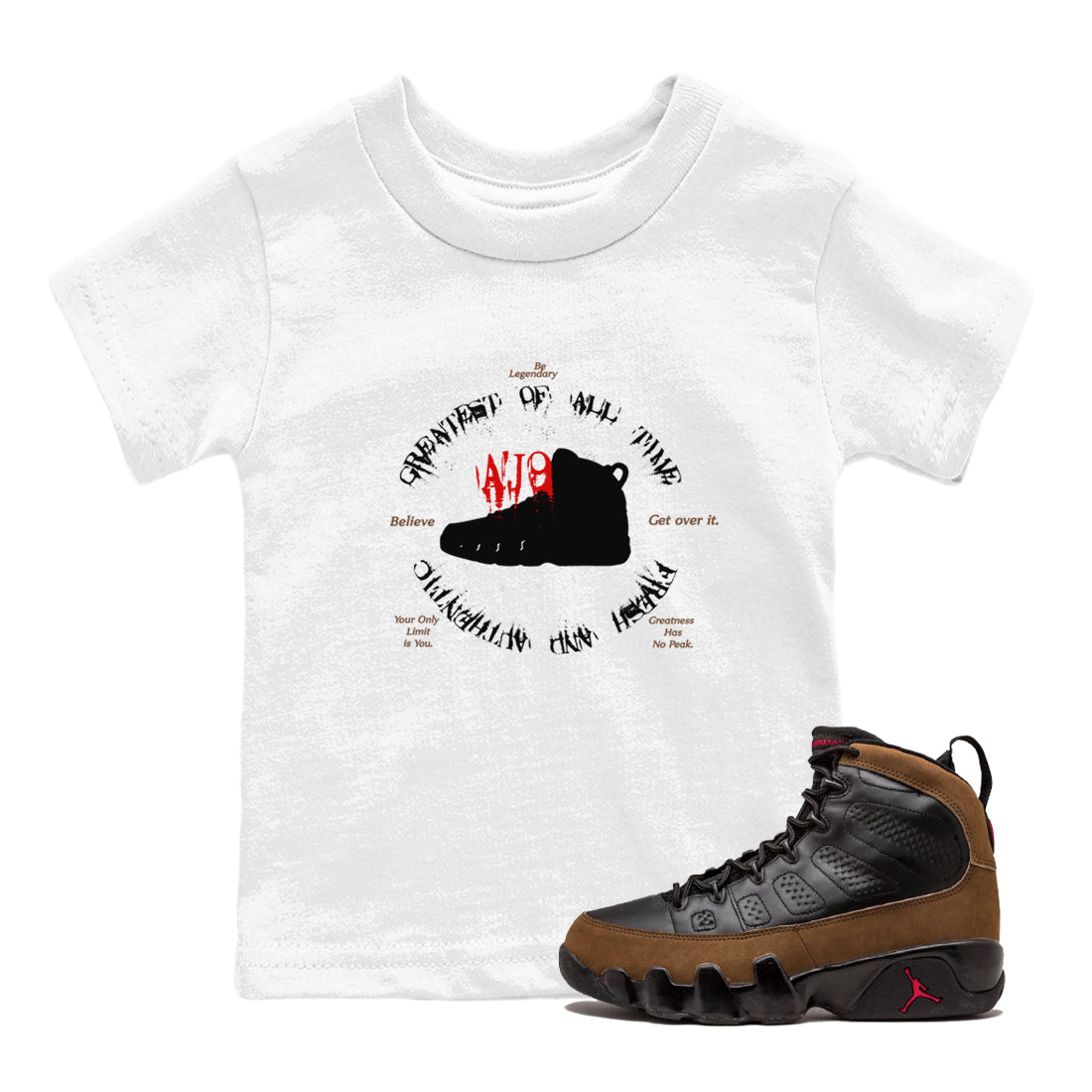 9s Olive shirts to match jordans Goat Kick sneaker match tees Air Jordan 9 Olive match shoes to clothes SNRT Sneaker Tees Youth Baby White 1 tee