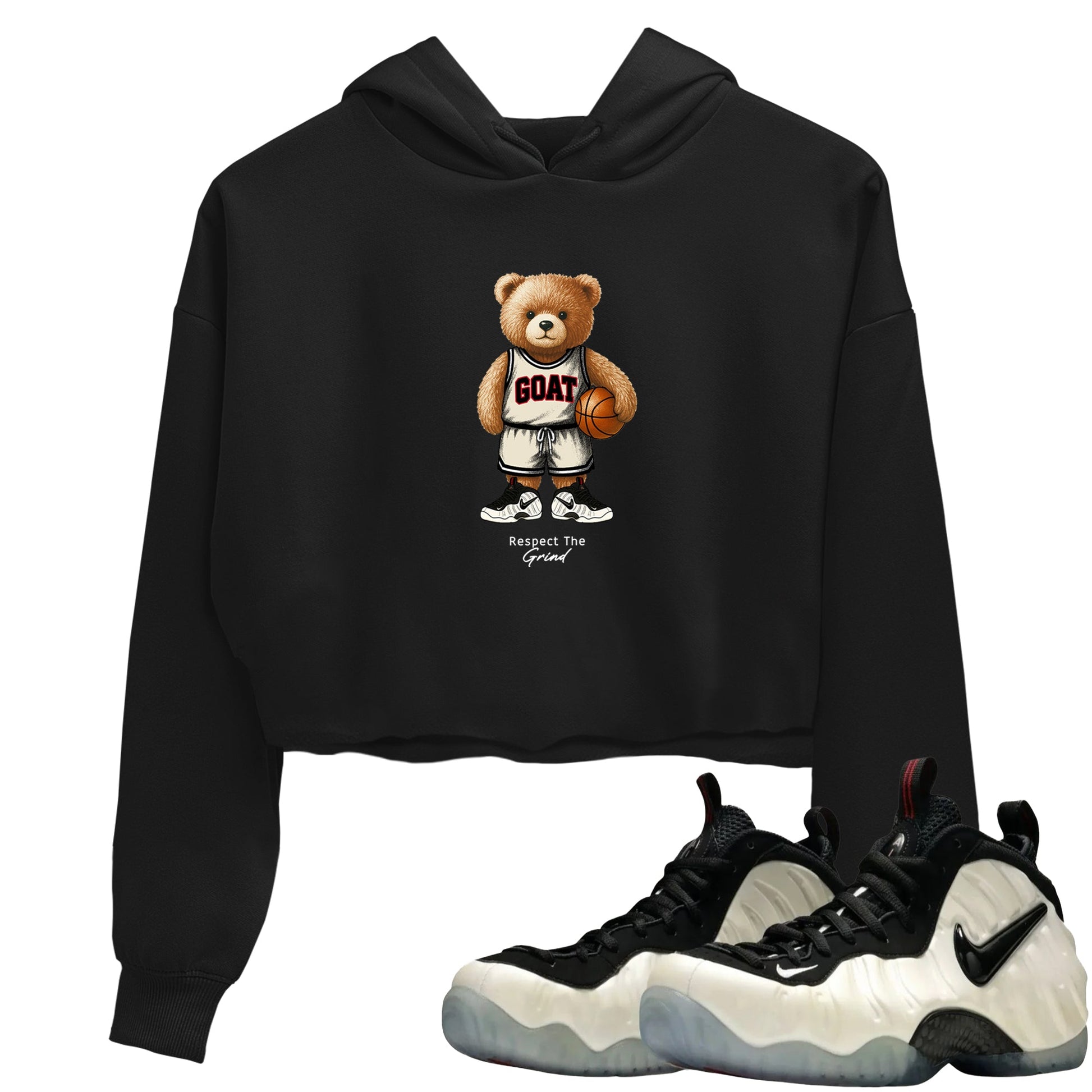 Sneaker Threads – Sneaker Tees To Match Air Foamposite One Pearl – GOAT Mode Crop Tee Black 1. Perfect for Jordan releases 2025 colorways.
