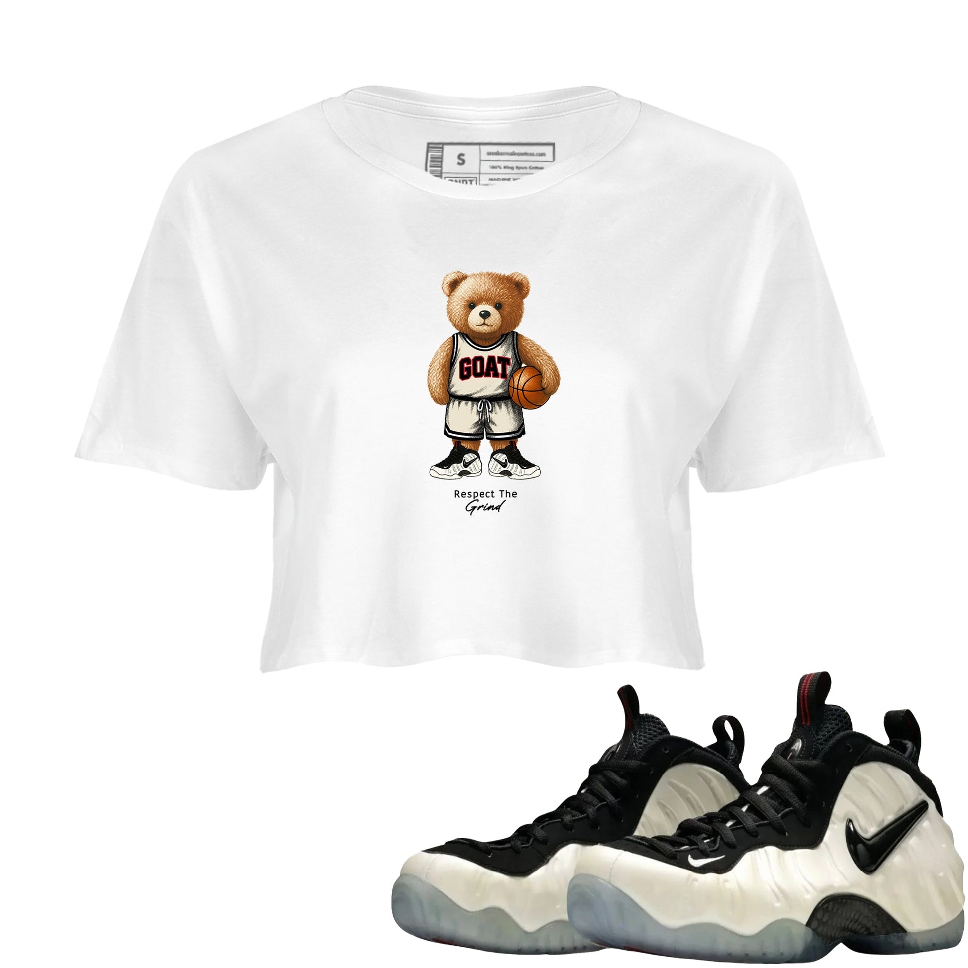 Sneaker Threads – Sneaker Tees To Match Air Foamposite One Pearl – GOAT Mode Crop Tee White 1. Perfect for Jordan releases 2025 colorways.