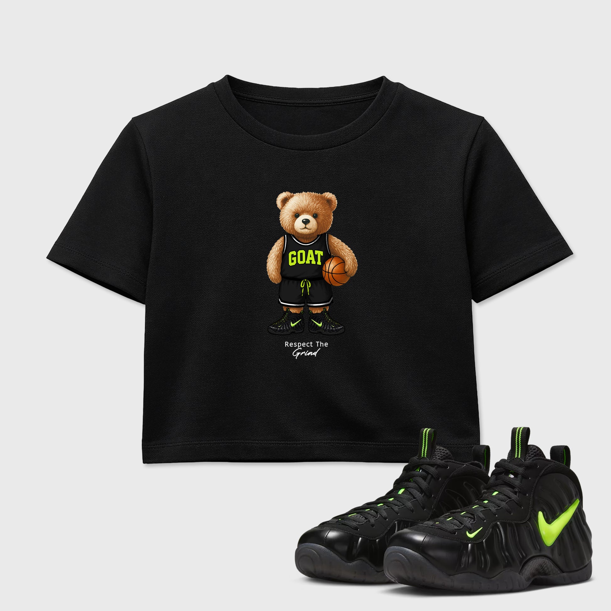 Sneaker match tees – Sneaker Tees To Match Air Foamposite Pro Black Shoes – GOAT Mode Crop T-Shirt Black 1