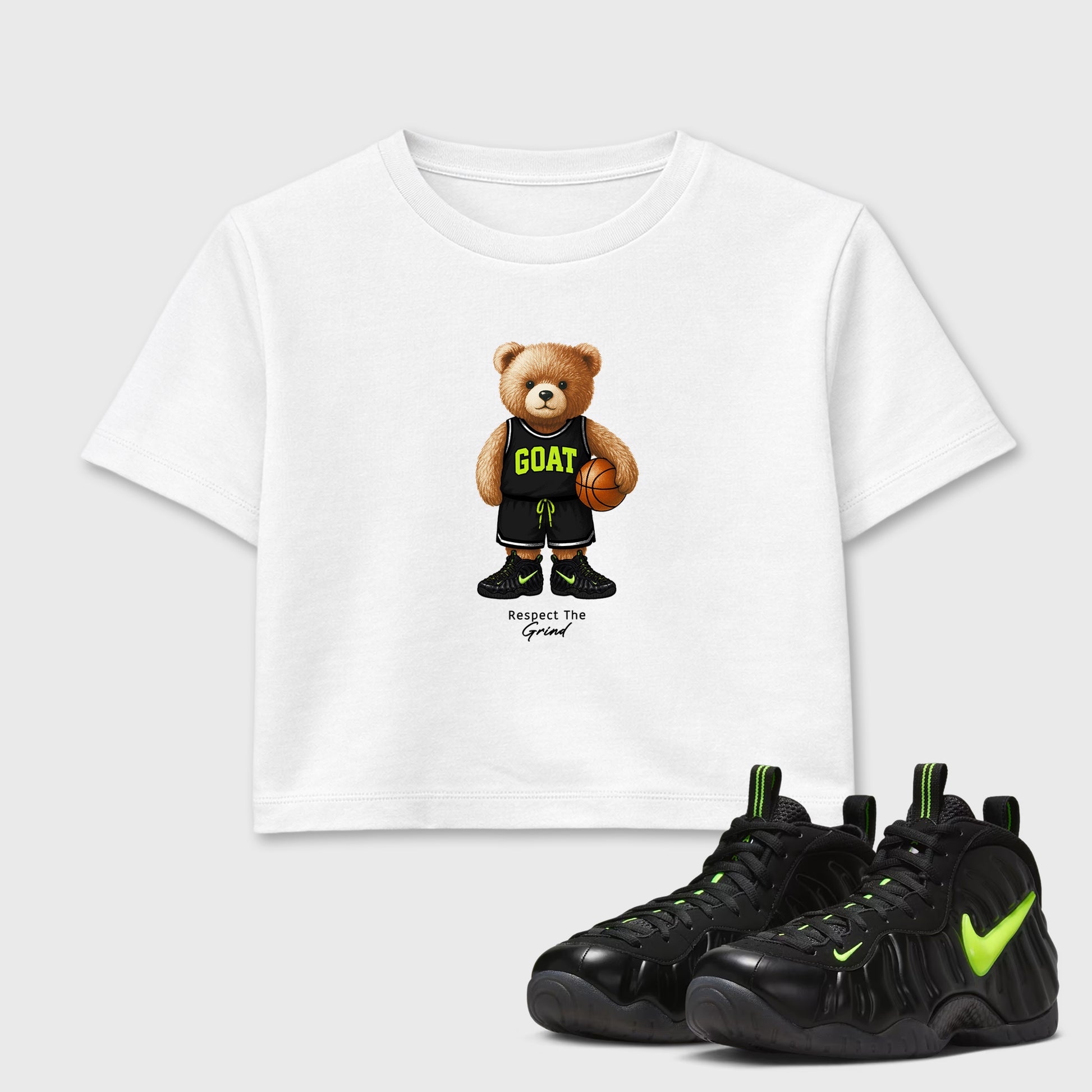 Sneaker match tees – Sneaker Tees To Match Air Foamposite Pro Black Shoes – GOAT Mode Crop T-Shirt White 1