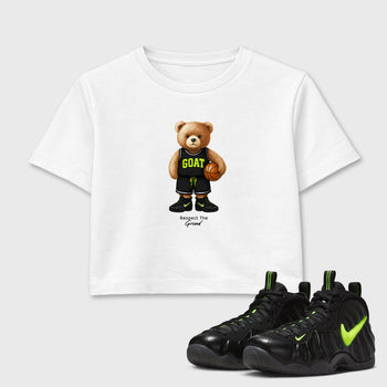 Sneaker match tees – Sneaker Tees To Match Air Foamposite Pro Black Shoes – GOAT Mode Crop T-Shirt White 1