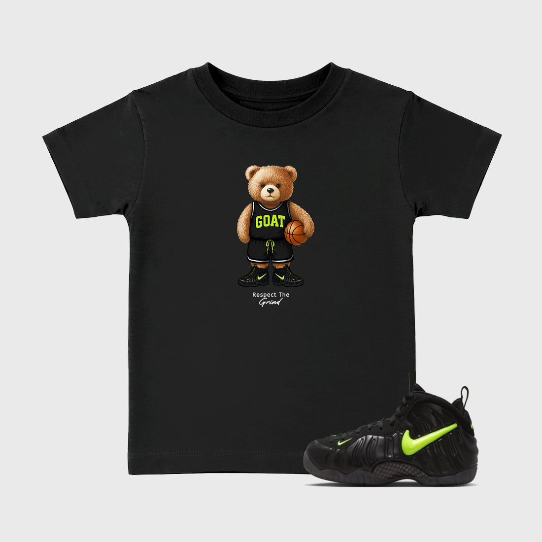 Sneaker match tees – Sneaker Tees To Match Air Foamposite Pro Black Shoes – GOAT Mode Kids T-Shirt Black 1