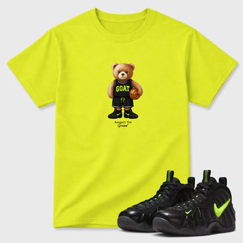 Sneaker match tees – Sneaker Tees To Match Air Foamposite Pro Black Shoes – GOAT Mode Tee Safety Green 1