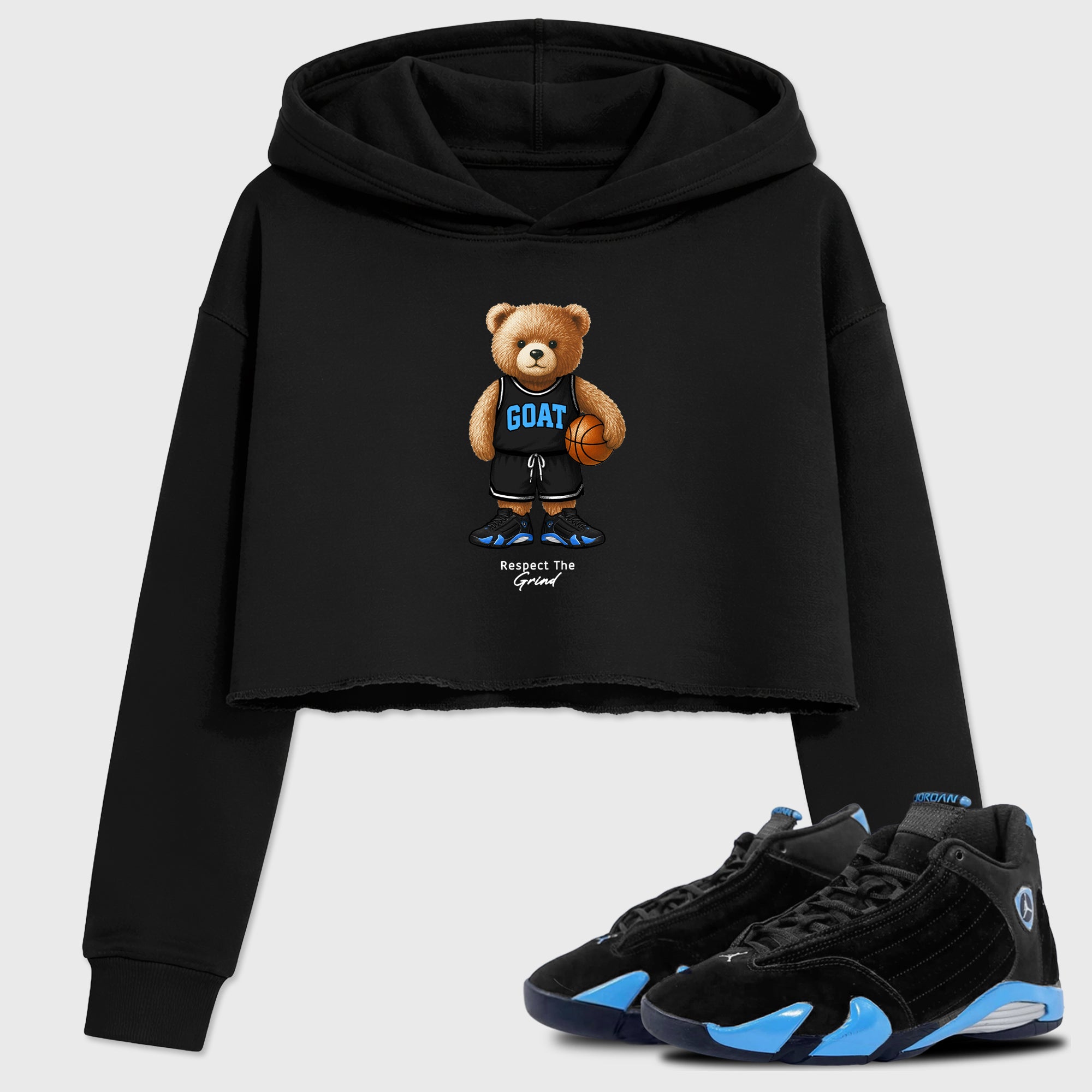 Sneaker match tees – Sneaker Tees To Match Air Jordan 14 University Blue Shoes – GOAT Mode Crop T-Shirt Black 1