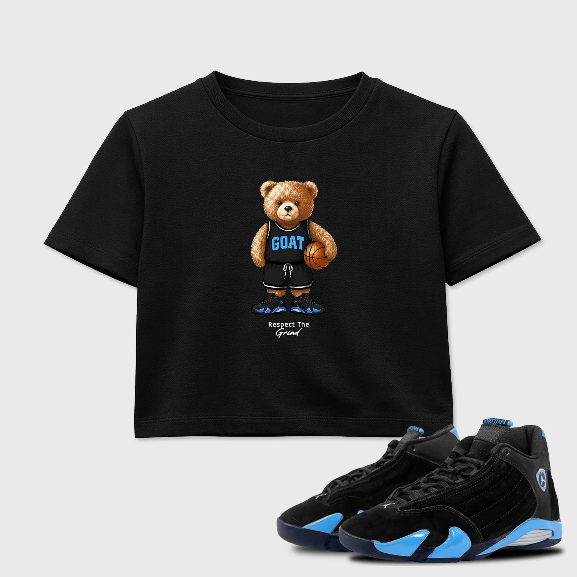 Sneaker match tees – Sneaker Tees To Match Air Jordan 14 University Blue Shoes – GOAT Mode Crop T-Shirt Black 1