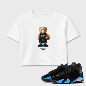 Sneaker match tees – Sneaker Tees To Match Air Jordan 14 University Blue Shoes – GOAT Mode Crop T-Shirt White 1