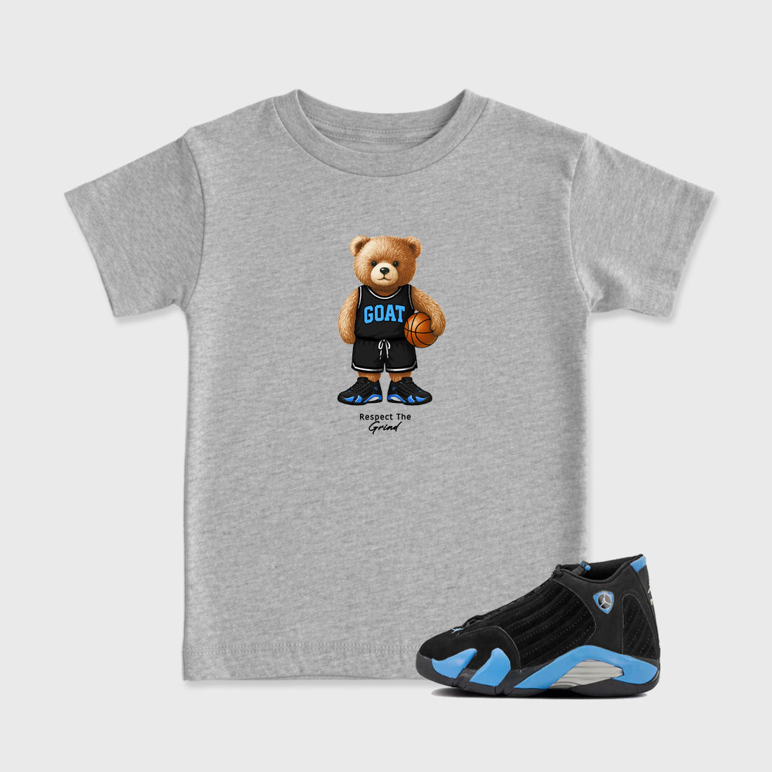 Sneaker match tees – Sneaker Tees To Match Air Jordan 14 University Blue Shoes – GOAT Mode Kids T-Shirt Heather Grey 1