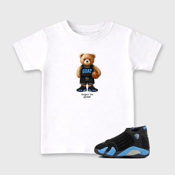 Sneaker match tees – Sneaker Tees To Match Air Jordan 14 University Blue Shoes – GOAT Mode Kids T-Shirt White 1