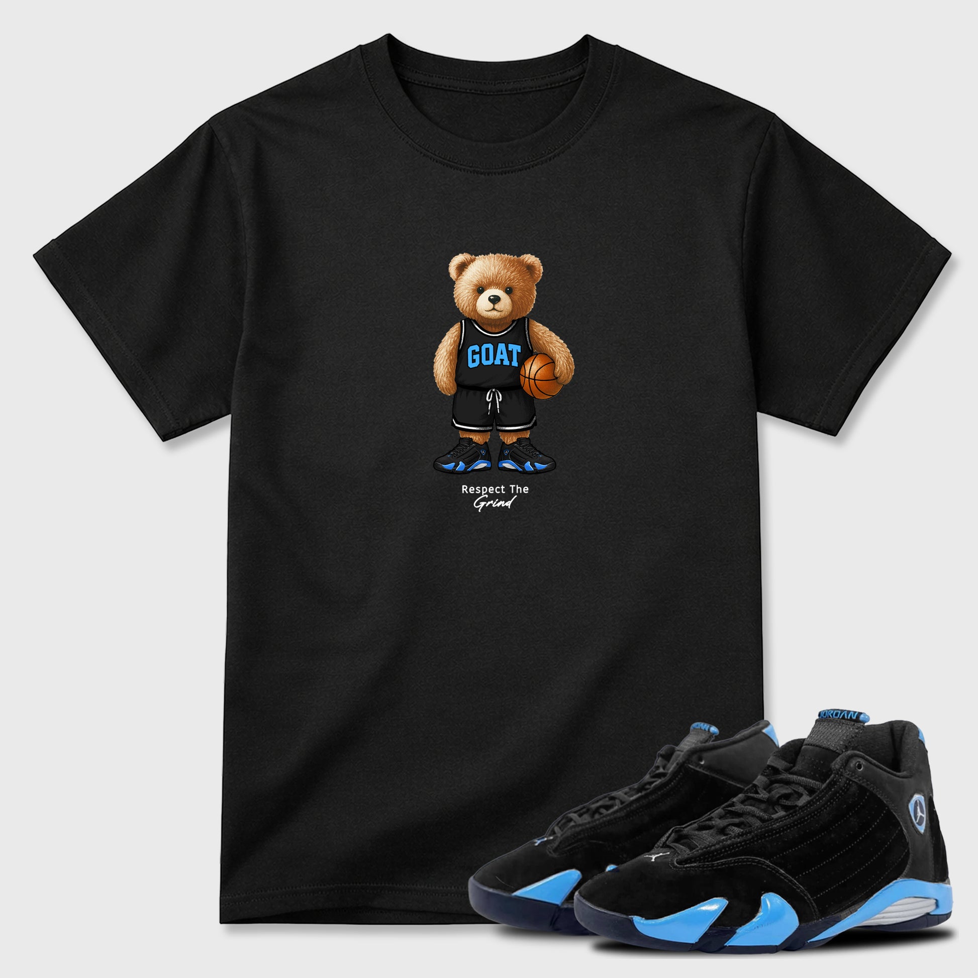 Sneaker match tees – Sneaker Tees To Match Air Jordan 14 University Blue Shoes – GOAT Mode Tee Black 1