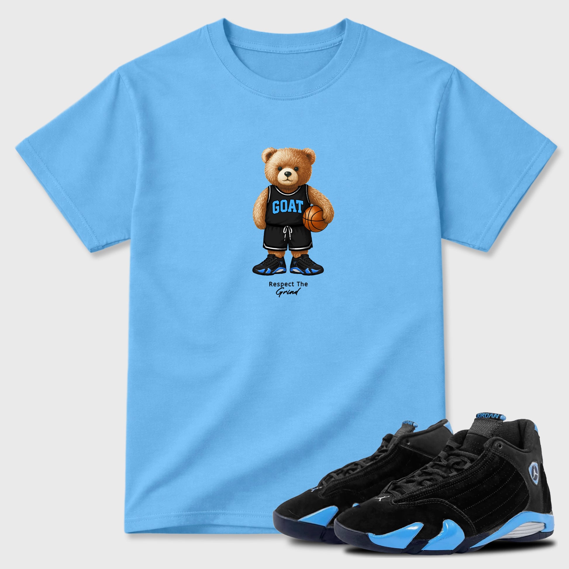 Sneaker match tees – Sneaker Tees To Match Air Jordan 14 University Blue Shoes – GOAT Mode Tee Carolina Blue 1